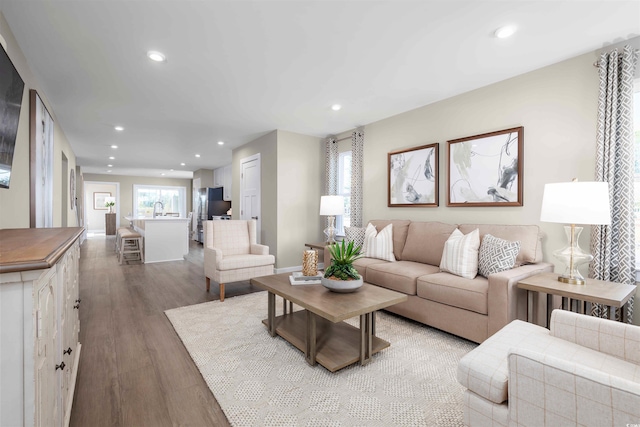 living area with recessed lighting, baseboards, and wood finished floors