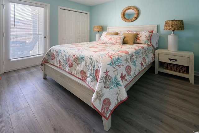 bedroom with a closet and dark hardwood / wood-style floors