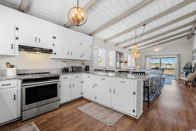 kitchen with a notable chandelier, decorative light fixtures, stainless steel range with electric cooktop, and white cabinets