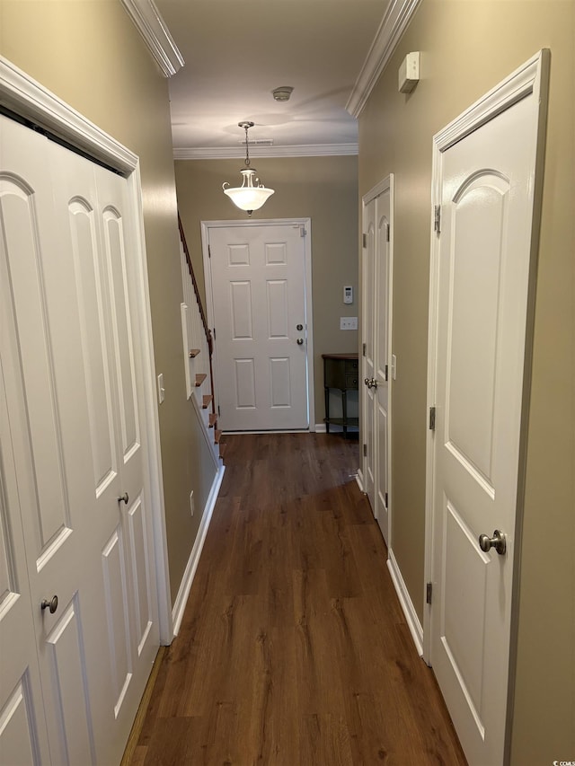 entryway featuring dark hardwood / wood-style flooring and ornamental molding