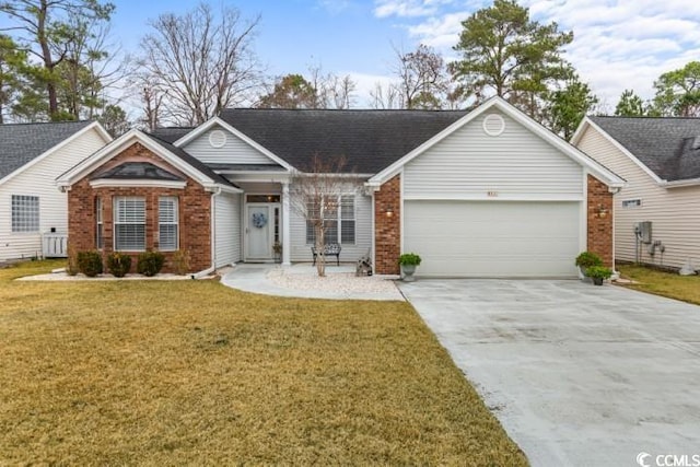 single story home with a garage and a front lawn