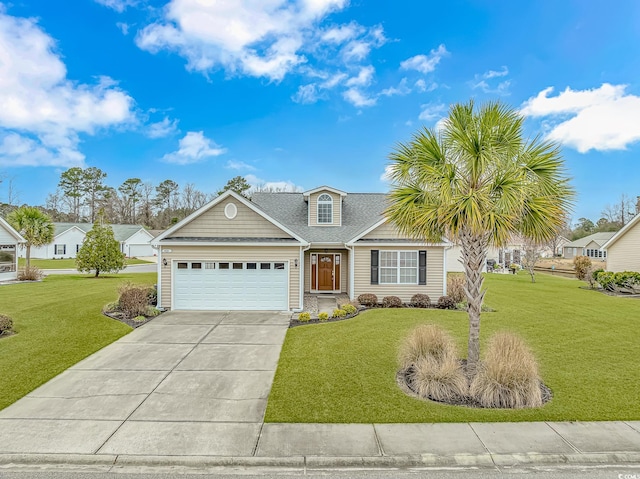 view of front of house with a garage, a front lawn, concrete driveway, and roof with shingles