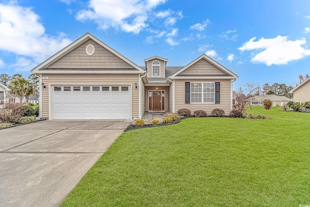 view of front of home featuring driveway, an attached garage, and a front lawn