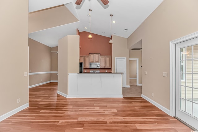 kitchen with light wood-type flooring, plenty of natural light, ceiling fan, and stainless steel microwave