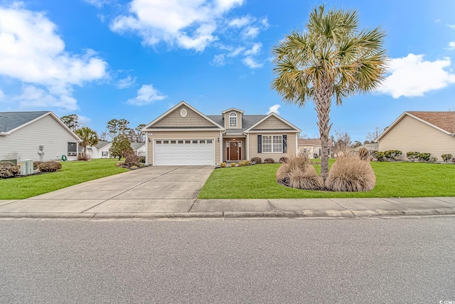 view of front facade with a garage, a front yard, concrete driveway, and central AC unit