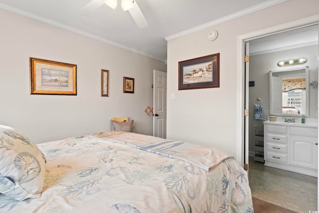 bedroom featuring a sink, ornamental molding, and a ceiling fan