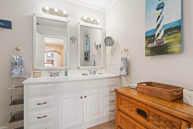 bathroom with double vanity, a sink, and ornamental molding