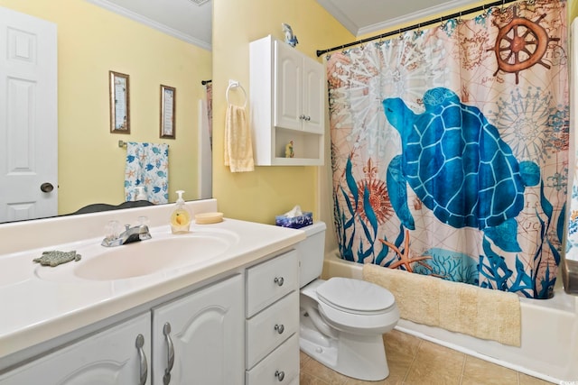full bathroom featuring shower / tub combo with curtain, toilet, crown molding, vanity, and tile patterned floors