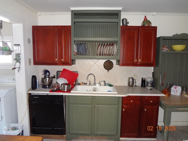 kitchen featuring washer / dryer, sink, tasteful backsplash, ornamental molding, and black dishwasher