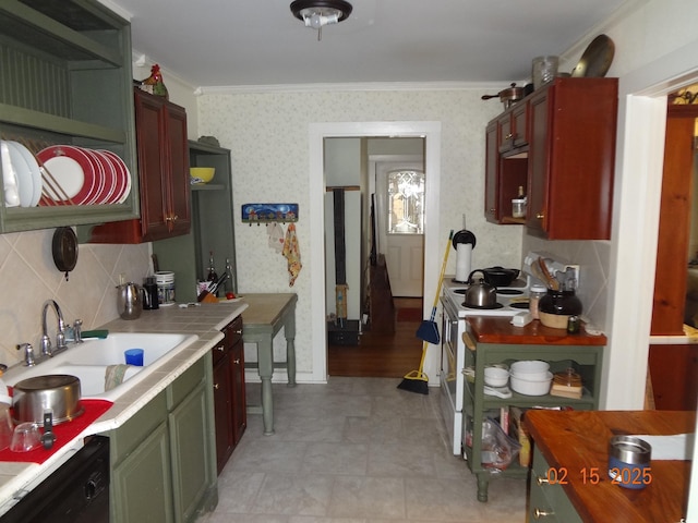 kitchen featuring electric stove, sink, dishwasher, tasteful backsplash, and ornamental molding