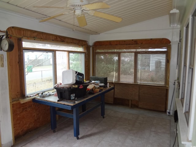 office with lofted ceiling and ceiling fan