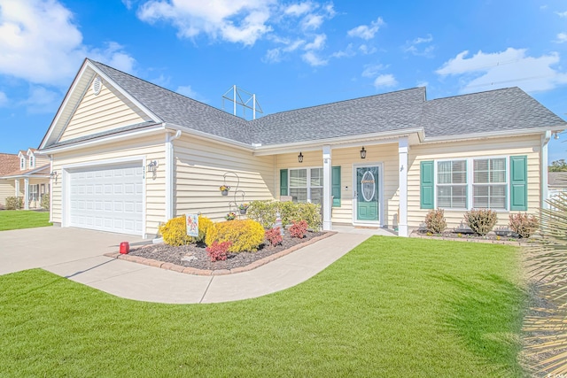 ranch-style house featuring a shingled roof, a front yard, and an attached garage