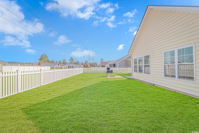 view of yard with a fenced backyard and a residential view