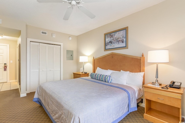 9994 Beach Club Dr Unit 1601, Myrtle Beach, SC 29572 - bedroom with a closet, light carpet, ceiling fan, electric panel, and baseboards