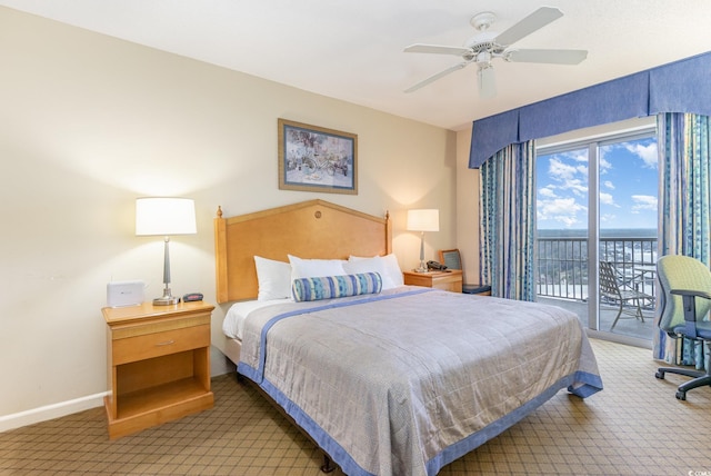 9994 Beach Club Dr Unit 1601, Myrtle Beach, SC 29572 - bedroom with light carpet, access to exterior, baseboards, and ceiling fan