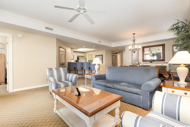 9994 Beach Club Dr Unit 1601, Myrtle Beach, SC 29572 - living room featuring crown molding, baseboards, a chandelier, ceiling fan, and light colored carpet