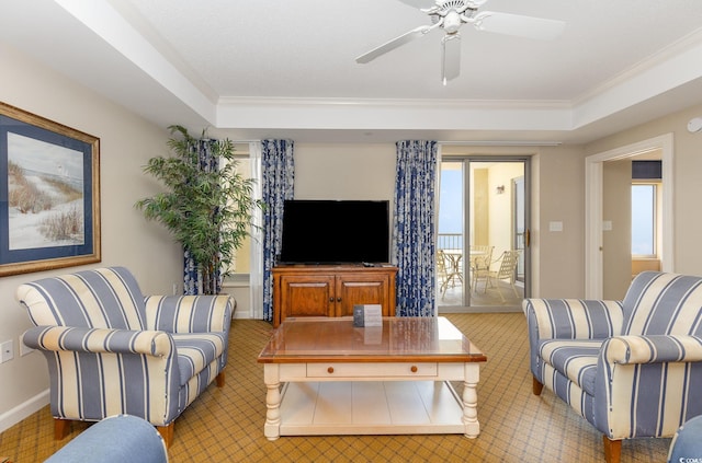 9994 Beach Club Dr Unit 1601, Myrtle Beach, SC 29572 - living room featuring ornamental molding, carpet floors, healthy amount of natural light, and a ceiling fan