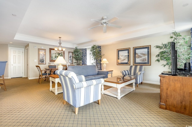 9994 Beach Club Dr Unit 1601, Myrtle Beach, SC 29572 - living room featuring a tray ceiling, light colored carpet, a ceiling fan, baseboards, and crown molding