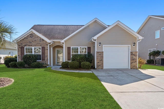 ranch-style house featuring a garage, concrete driveway, cooling unit, a front lawn, and brick siding