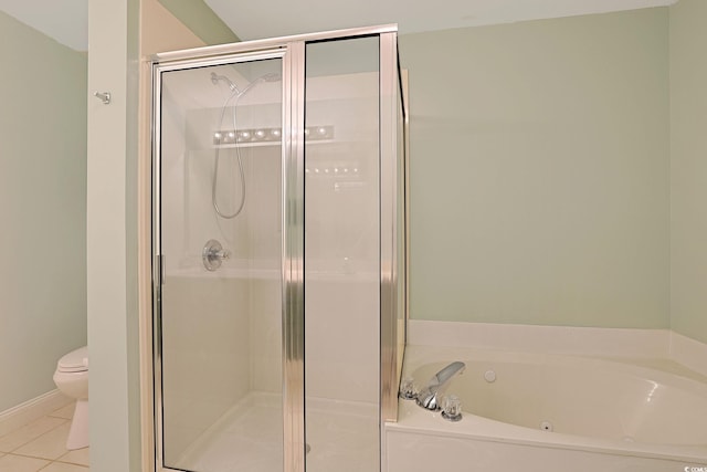 bathroom with independent shower and bath, toilet, and tile patterned floors