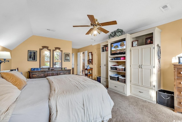 1800 Glenns Bay Rd, Surfside Beach, SC 29575 - bedroom with vaulted ceiling, light carpet, and ceiling fan