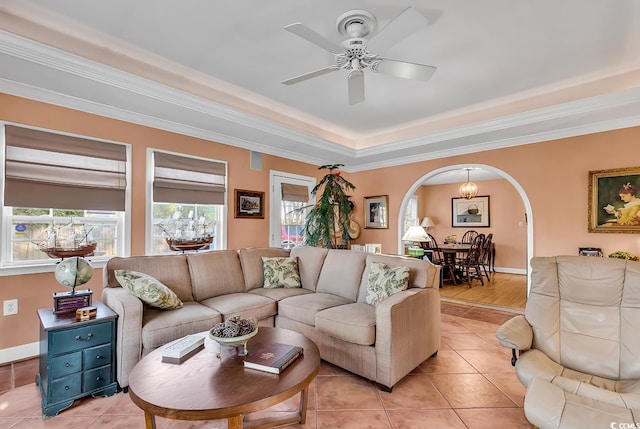 1800 Glenns Bay Rd, Surfside Beach, SC 29575 - living room featuring ornamental molding, light tile patterned floors, and ceiling fan