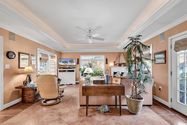 1800 Glenns Bay Rd, Surfside Beach, SC 29575 - tiled office space with ornamental molding, a raised ceiling, and ceiling fan