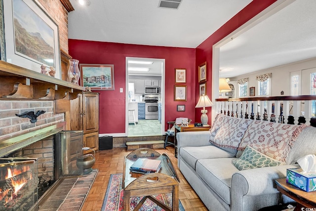1800 Glenns Bay Rd, Surfside Beach, SC 29575 - living room featuring parquet flooring and a brick fireplace