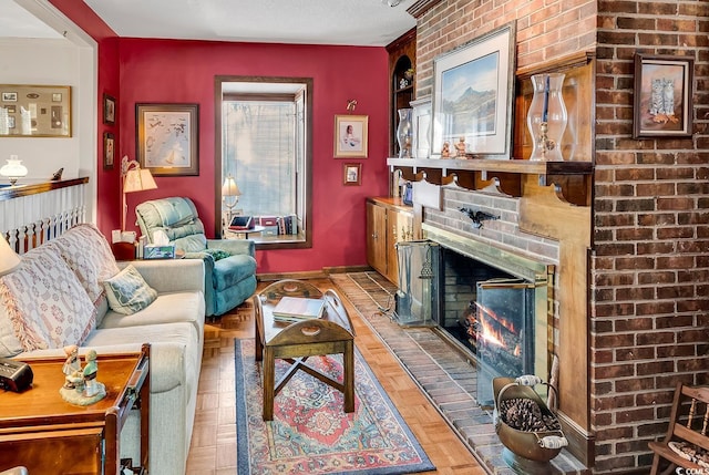 1800 Glenns Bay Rd, Surfside Beach, SC 29575 - living room with light parquet flooring and a brick fireplace