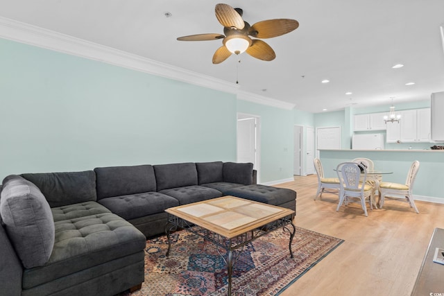 395 S Crow Creek Dr Unit 1418, Calabash, NC 28467 - living area with crown molding, light wood-type flooring, baseboards, recessed lighting, and ceiling fan