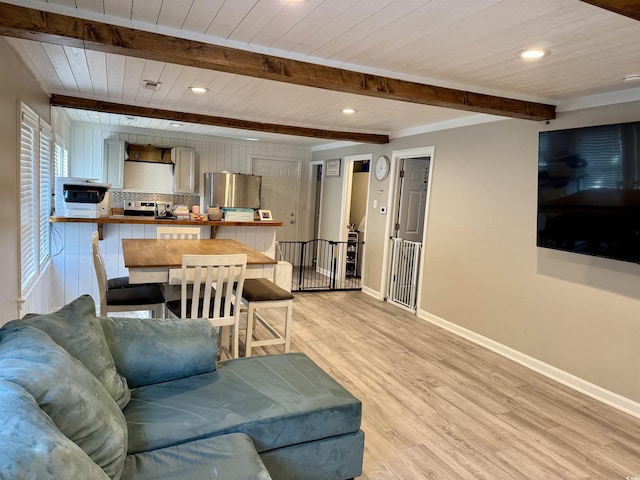 living area featuring light wood finished floors, recessed lighting, wood ceiling, beamed ceiling, and baseboards