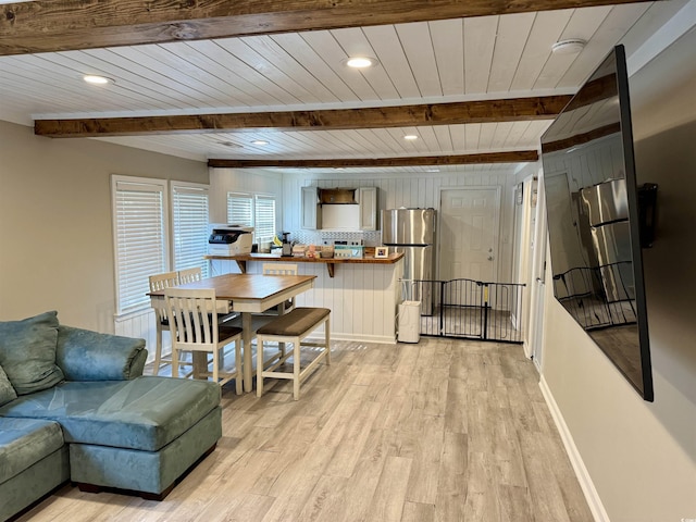 living room featuring light wood-style floors, wood ceiling, beam ceiling, and baseboards