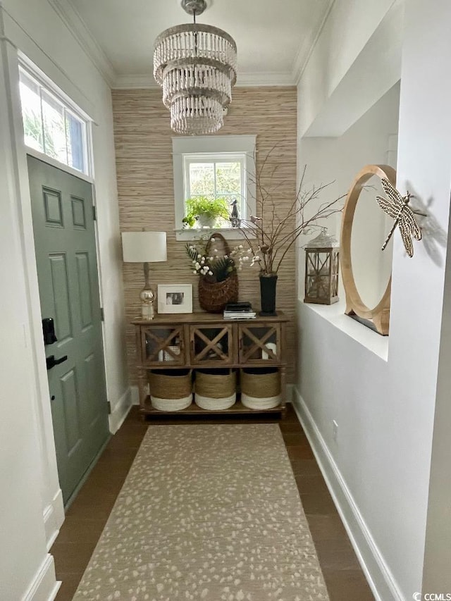 doorway to outside with crown molding, dark hardwood / wood-style floors, and a chandelier