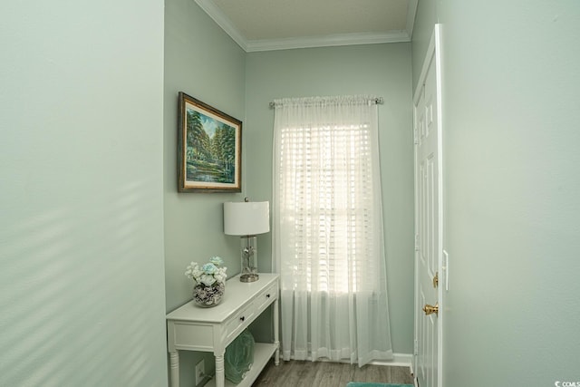 interior space featuring ornamental molding, plenty of natural light, and light hardwood / wood-style flooring