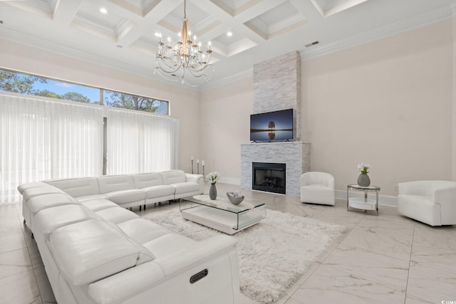 living room featuring beam ceiling, a high ceiling, coffered ceiling, a fireplace, and ornamental molding