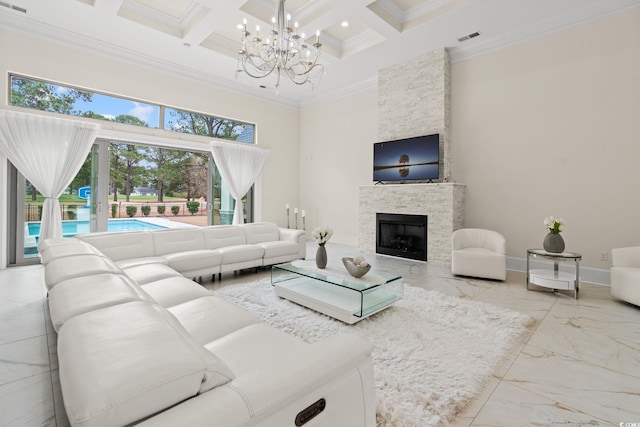 living room featuring crown molding, a towering ceiling, beam ceiling, coffered ceiling, and a fireplace