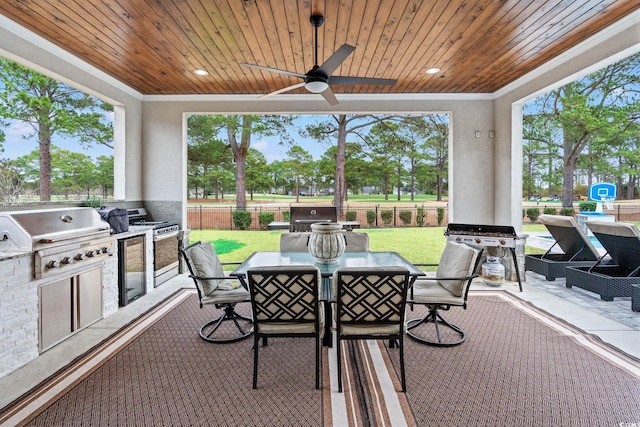 exterior space with ceiling fan and wood ceiling