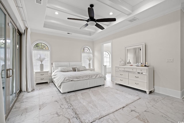 bedroom featuring multiple windows, crown molding, and a raised ceiling