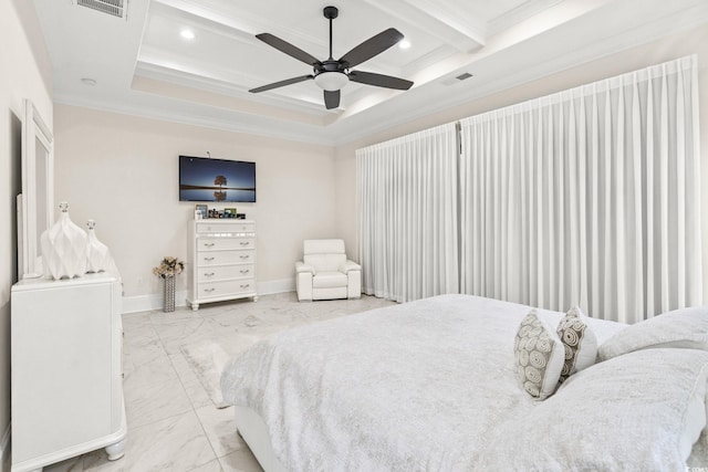 bedroom featuring beam ceiling, ornamental molding, and ceiling fan