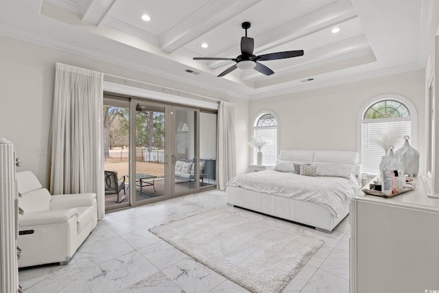 bedroom with multiple windows, access to exterior, and ornamental molding