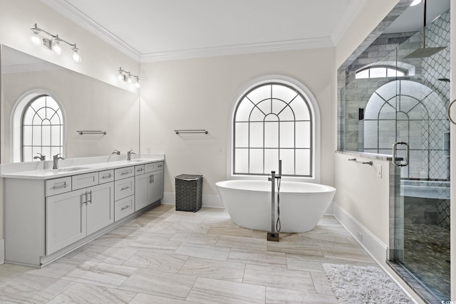 bathroom with independent shower and bath, crown molding, and plenty of natural light