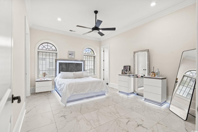 bedroom featuring ornamental molding and ceiling fan