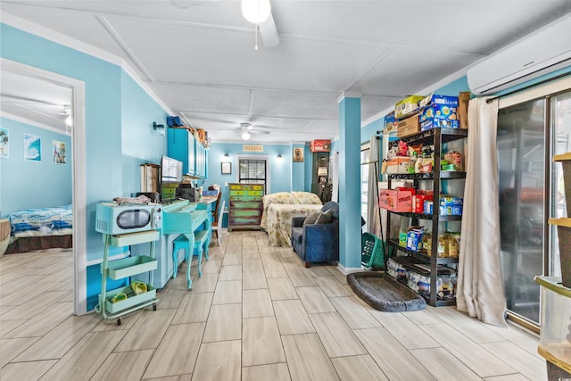 interior space with a ceiling fan and a wall unit AC