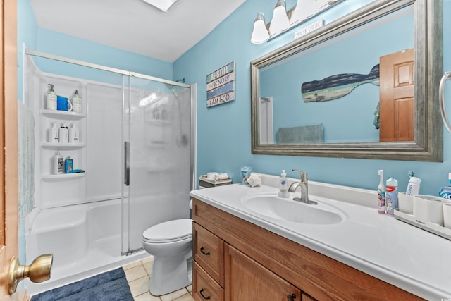 full bath with toilet, a shower stall, vanity, and tile patterned floors