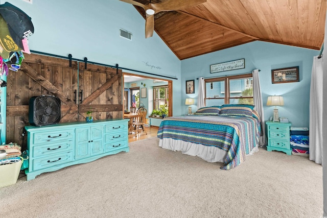 carpeted bedroom with wooden ceiling, ceiling fan, visible vents, and high vaulted ceiling