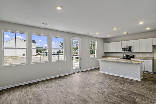 kitchen with dark wood-style floors, stainless steel appliances, recessed lighting, and white cabinets