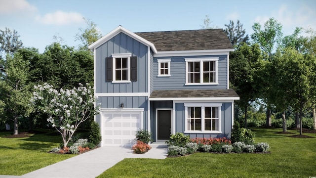 exterior space featuring driveway, an attached garage, board and batten siding, a front lawn, and a shingled roof