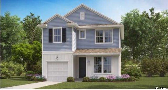 view of front facade with a front yard, driveway, and a garage