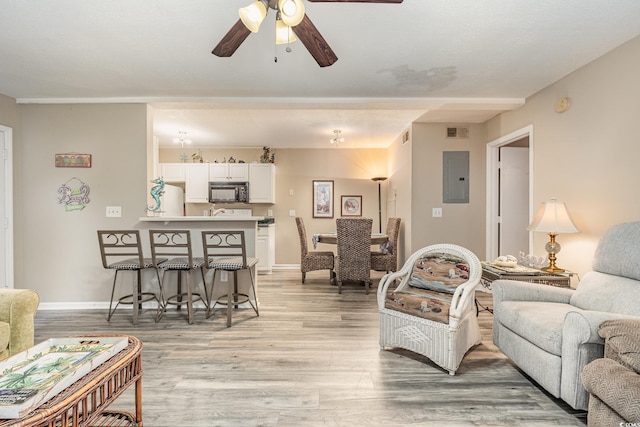 living room with light hardwood / wood-style floors, ceiling fan, and electric panel