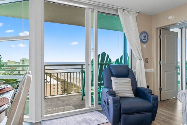 interior space featuring a water view and wood finished floors